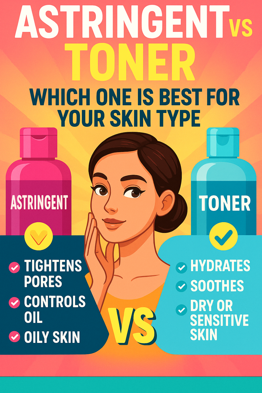 Two contrasting skincare bottles flank a central illustration of a woman gently touching her cheek against a sunburst background. On the left, a pink bottle labeled “Astringent” sits above a dark teal panel listing “Tightens Pores,” “Controls Oil,” and “Oily Skin.” On the right, a light blue bottle labeled “Toner” appears above a bright teal panel stating “Hydrates,” “Soothes,” and “Dry or Sensitive Skin.”