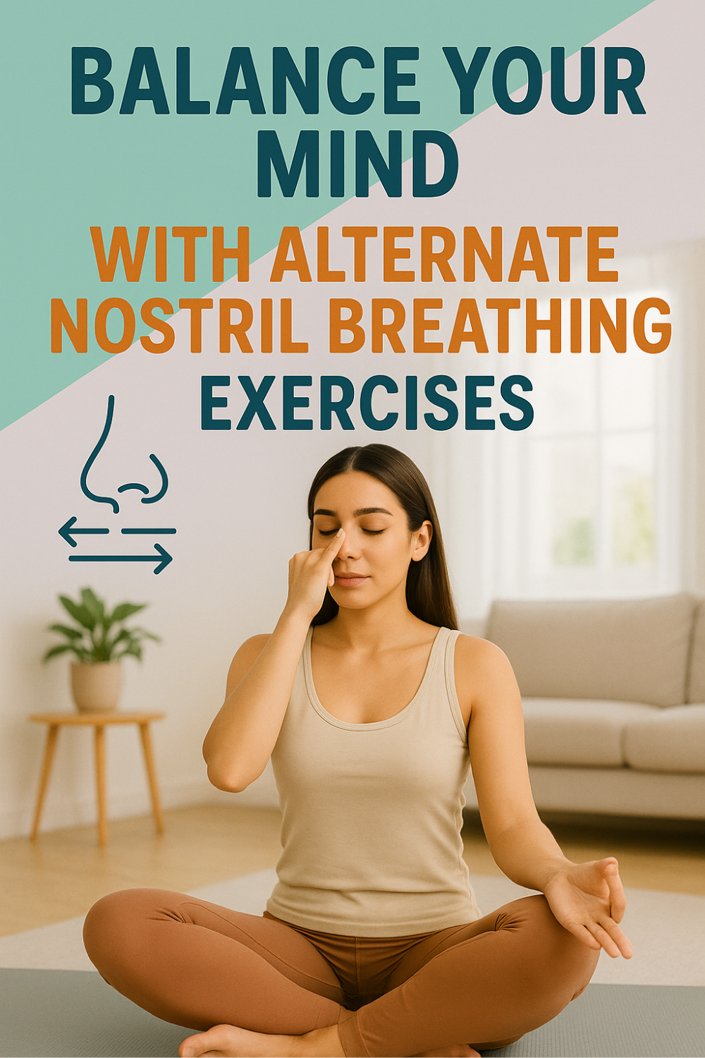 Seated woman closes one nostril, calmly practicing alternate-nostril breathing to steady and balance her mind in a peaceful living room.