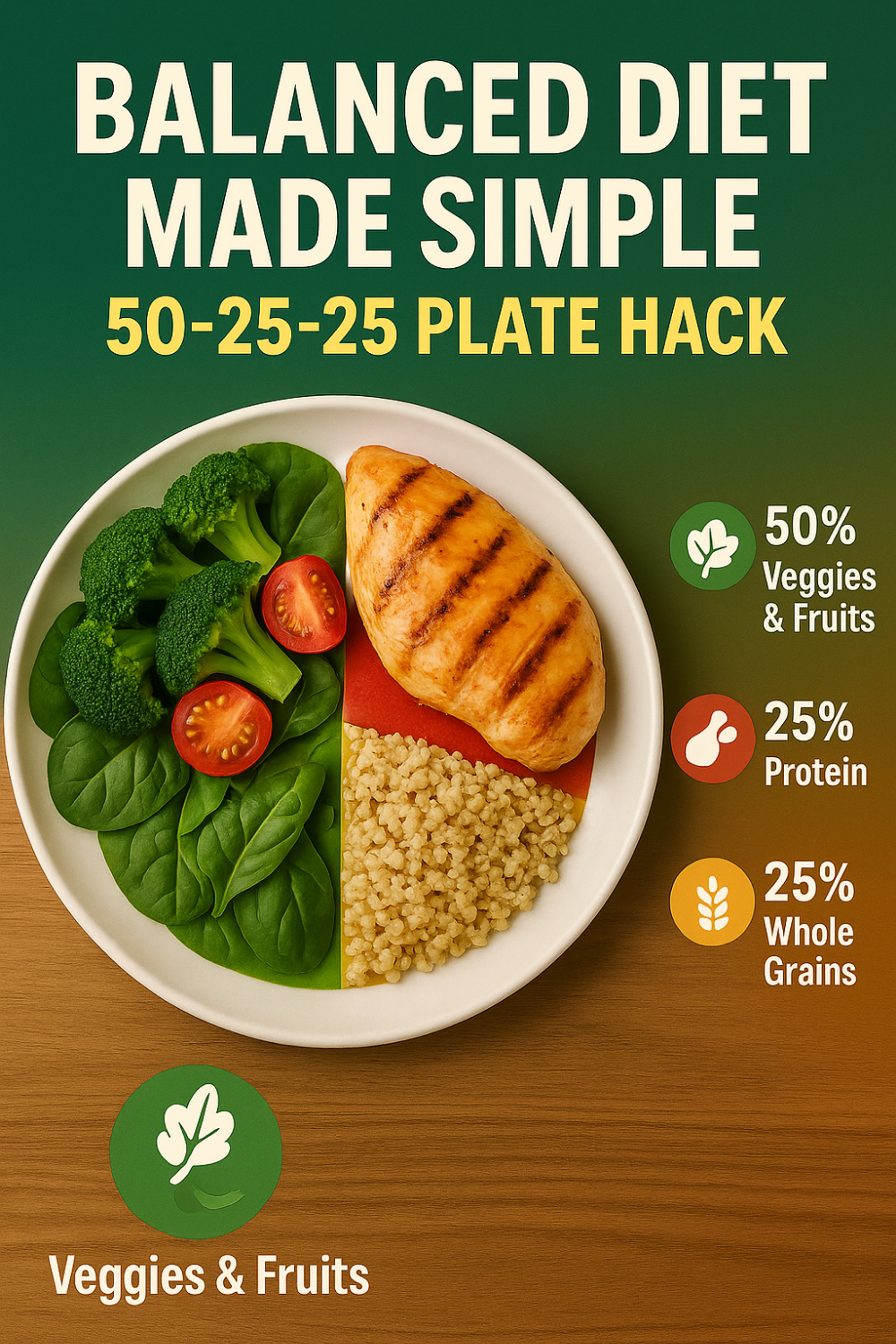 Balanced diet 50-25-25 plate hack: half veggies (spinach, broccoli, cherry tomatoes), one-quarter grilled chicken protein, one-quarter whole grains on wood table.