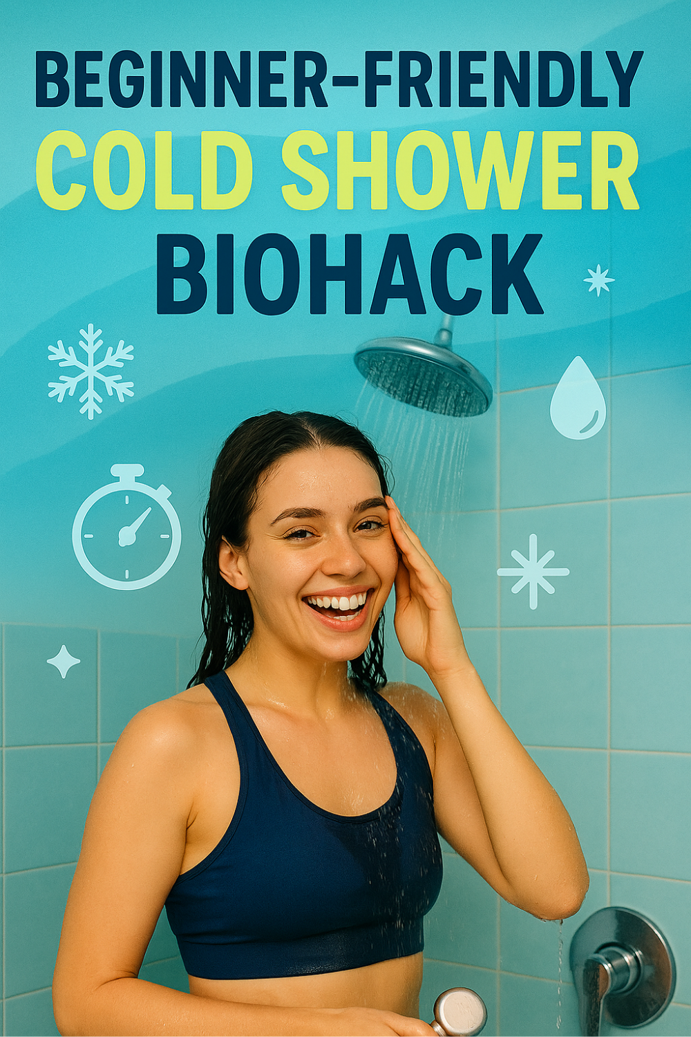 Laughing woman in a navy sports bra takes a brisk cold shower—water streaming from an overhead nozzle—while blue-toned tiles, snowflakes, water drops, and a stopwatch icon highlight a beginner-friendly biohack for energizing wellness.