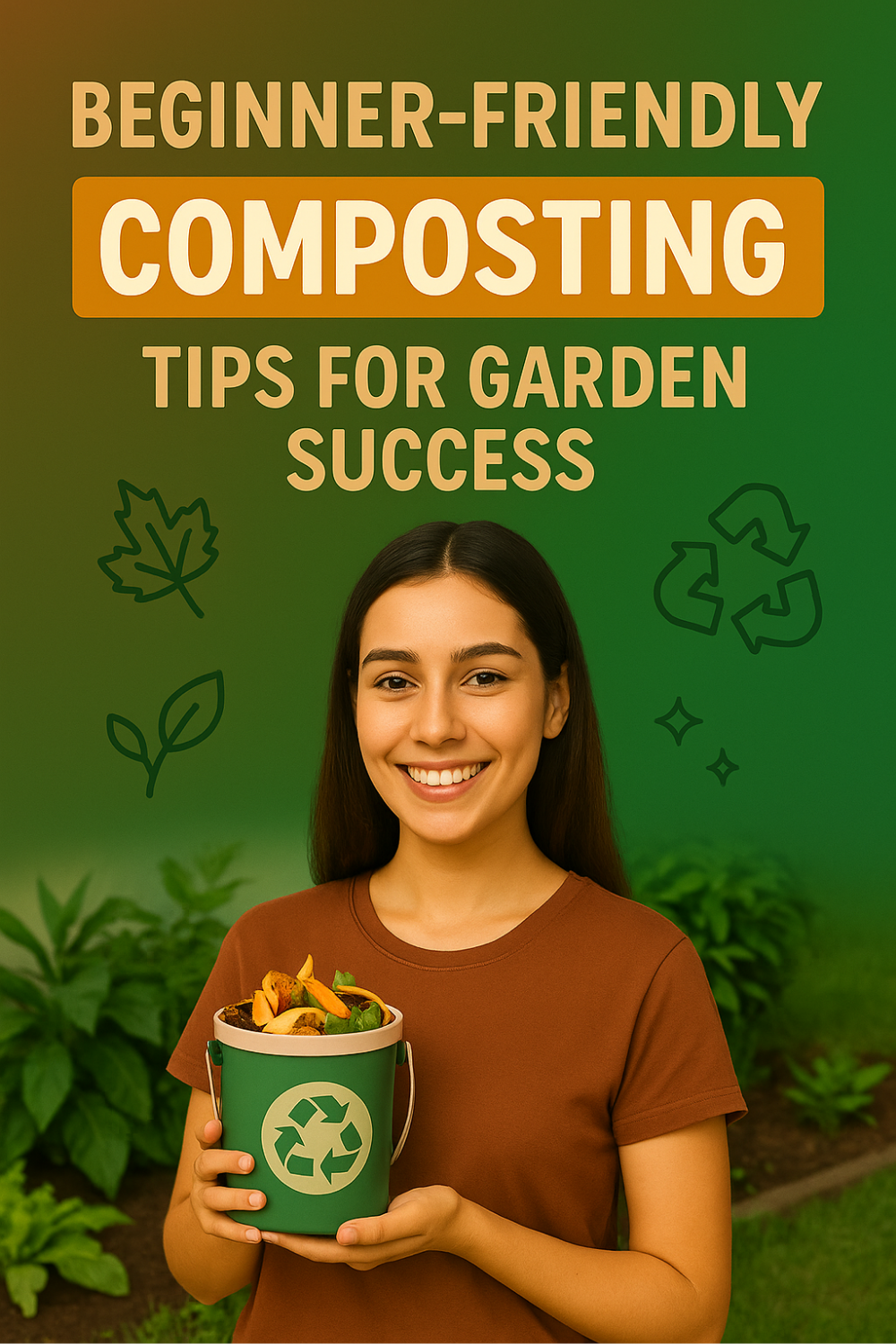 Smiling woman in a brown tee stands by leafy garden beds, holding a green pail of veggie scraps; leaf and recycle icons underscore beginner-friendly composting tips that transform kitchen waste into nutrient-rich soil for garden success.
