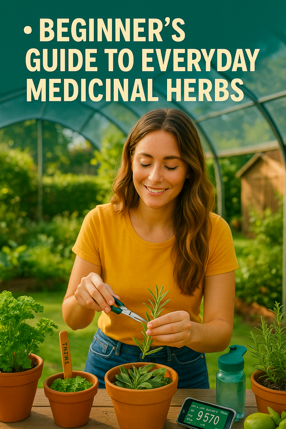 Woman happily trimming medicinal herbs in a greenhouse, wearing casual gardening clothes.