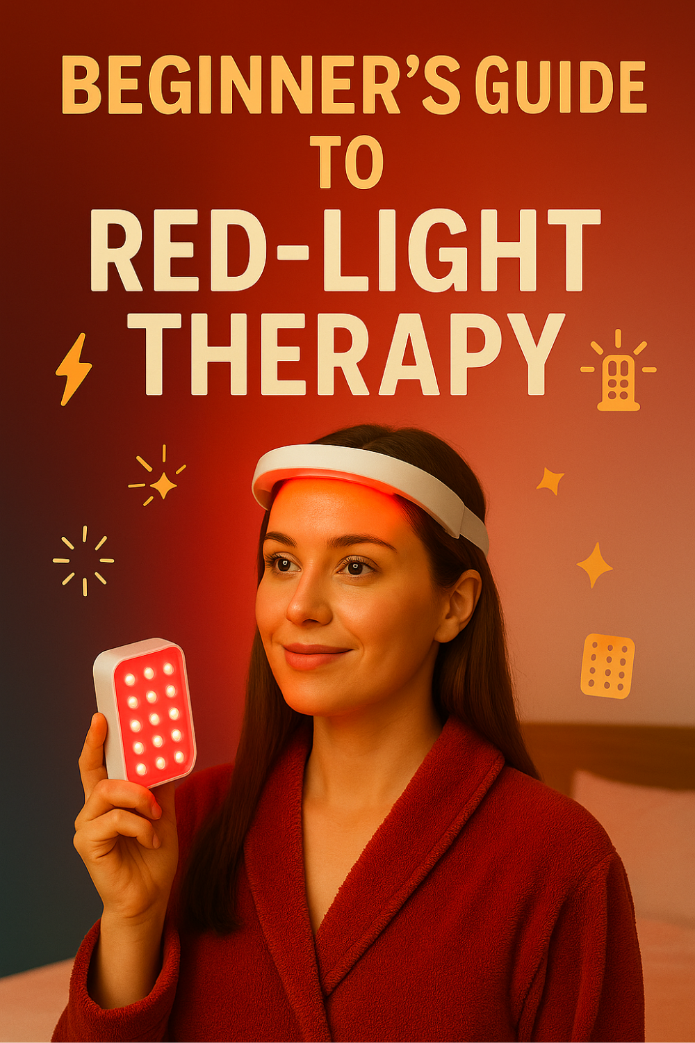 Bathed in a warm scarlet glow, a woman in a cozy robe wears an LED headband and gently waves a handheld red-light panel near her face—an inviting, beginner-friendly look at red-light therapy.