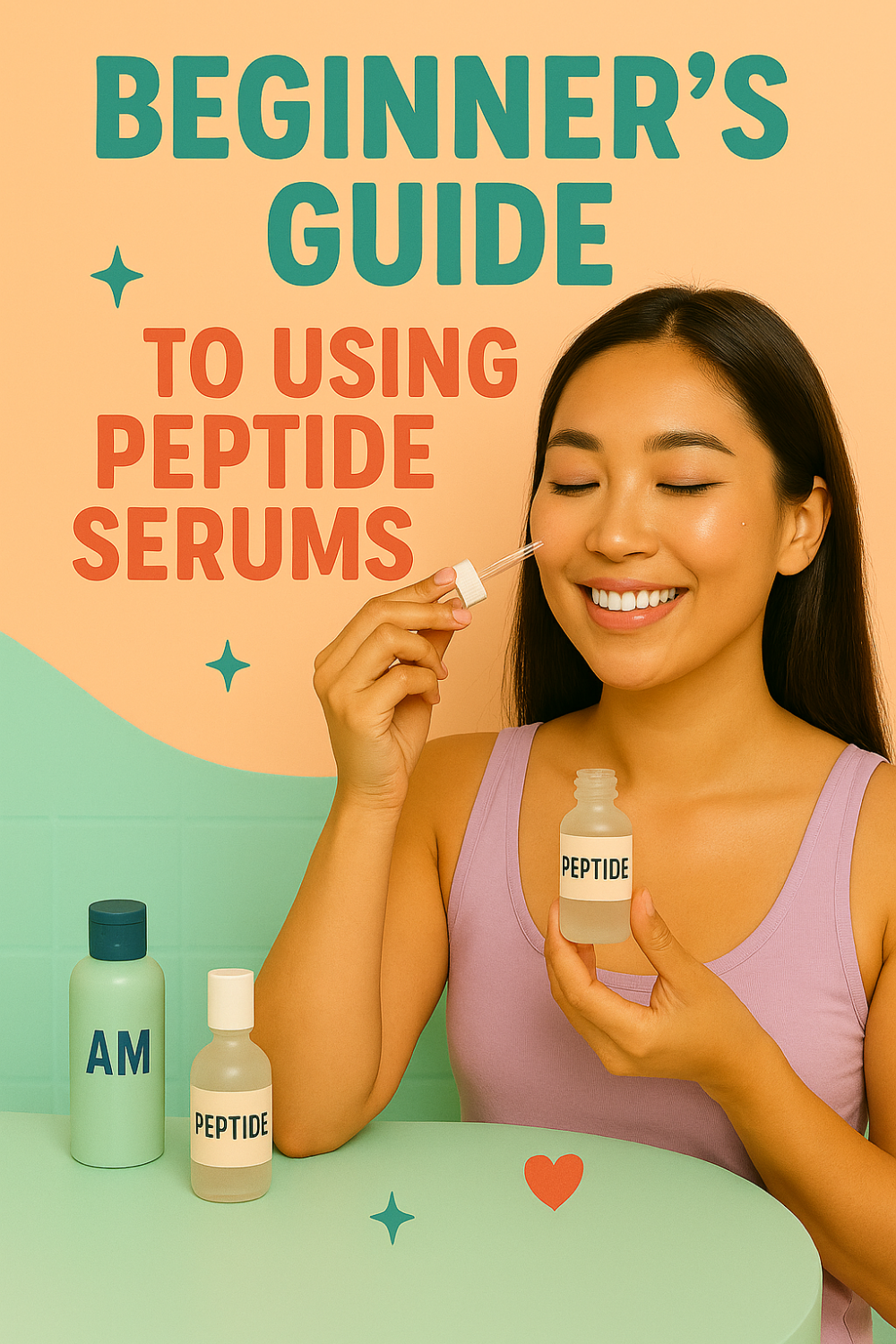 Beginner’s Guide to Using Peptide Serums. A smiling woman applies a peptide serum to her cheek using a dropper. On the table are skincare products labeled "AM" and "Peptide," highlighting a simple skincare routine.
