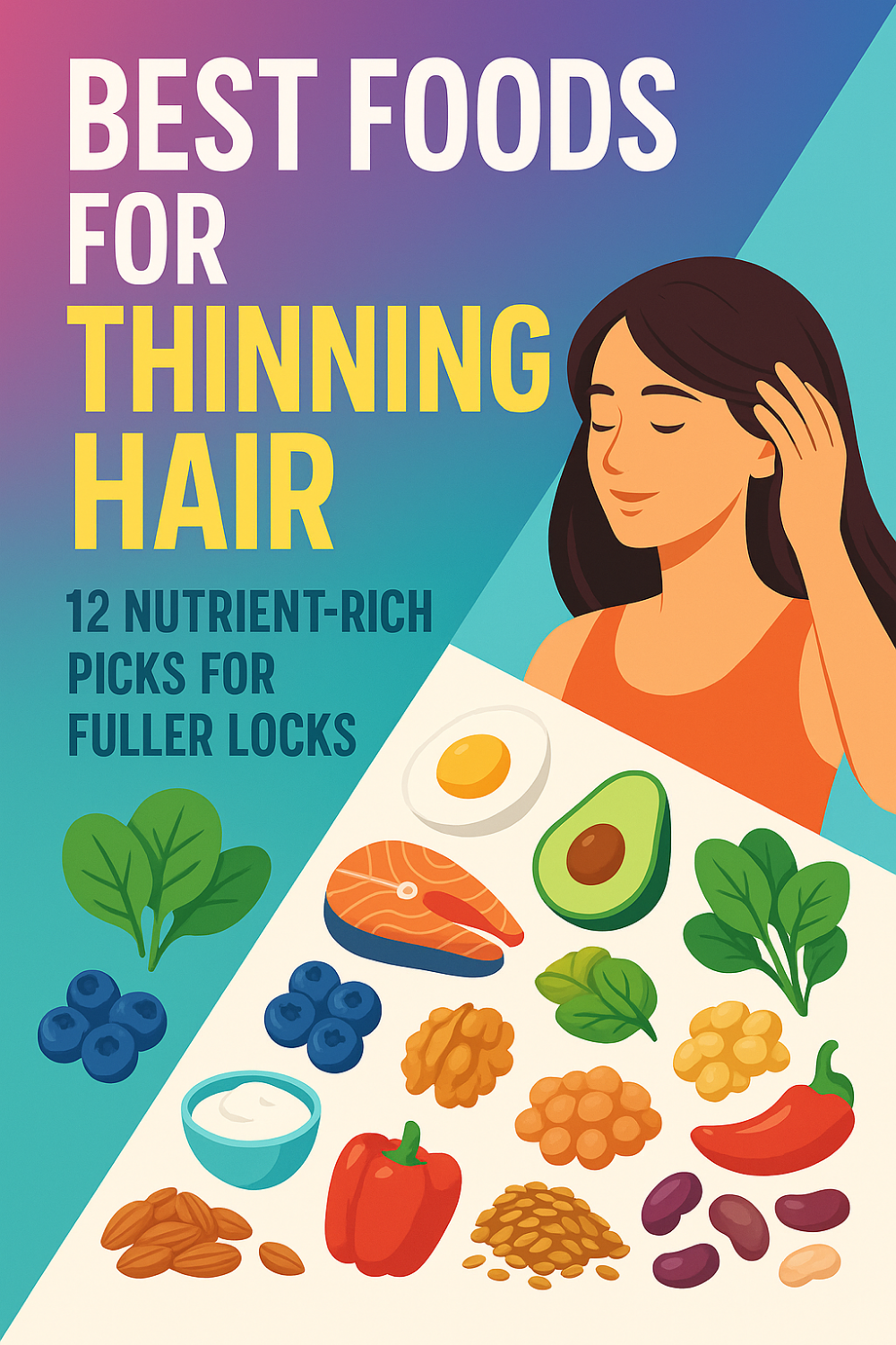 Smiling woman gently touching her long hair against a vibrant teal-purple gradient backdrop; below her is a colorful spread of twelve nutrient-rich foods—spinach leaves, blueberries, a salmon fillet, a fried egg, avocado halves, extra greens, a bowl of yogurt, a red bell pepper, almonds, a cluster of lentils, kidney beans, and white beans.