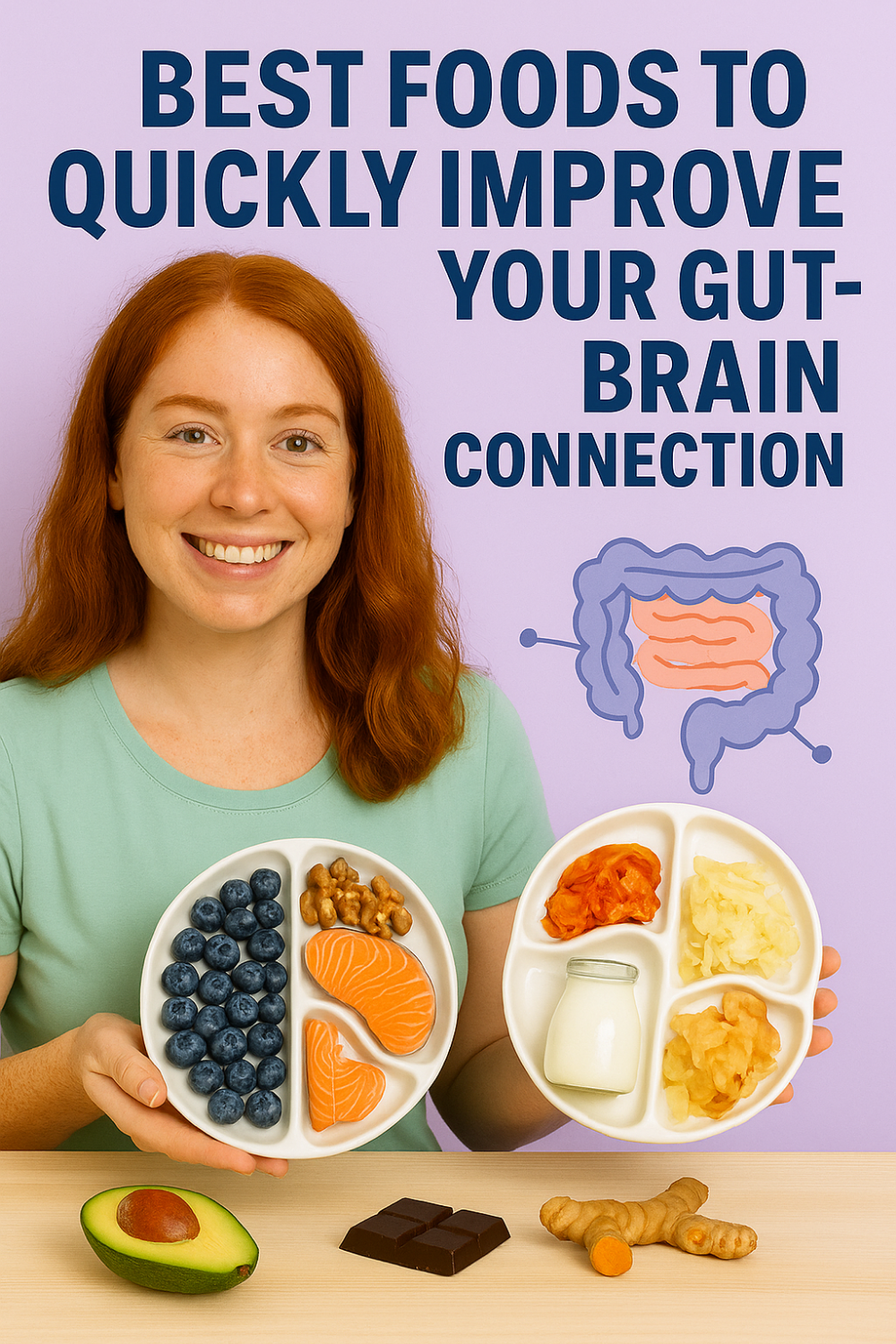 Smiling woman holding two portioned plates of gut-brain foods—blueberries, walnuts, salmon, yogurt, kimchi and sauerkraut—with avocado half, dark chocolate squares and turmeric root on the table in front.