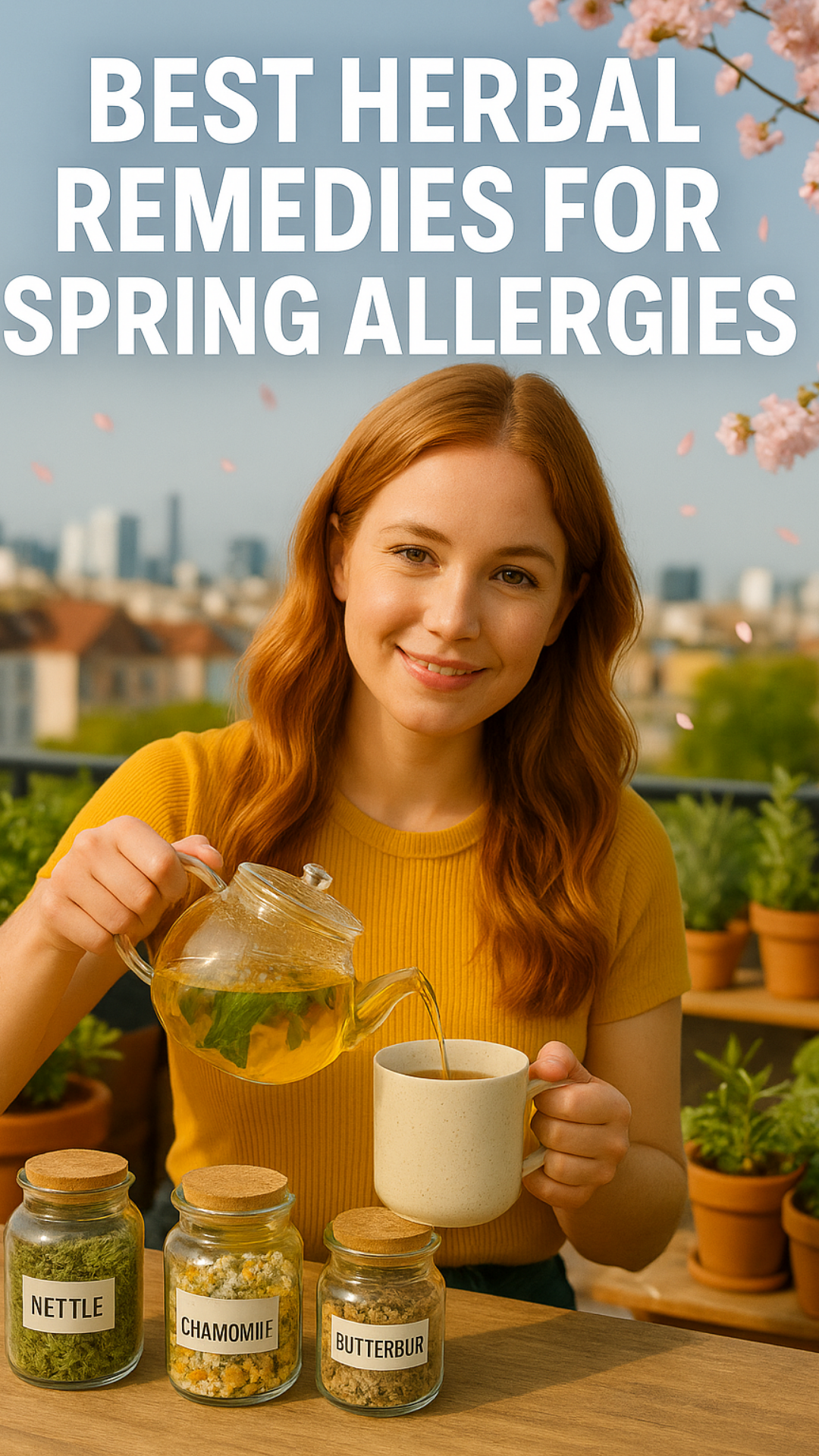 Woman pouring herbal tea with jars of nettle, chamomile, and butterbur for spring allergy relief.