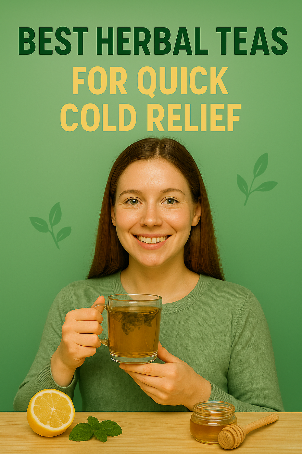 Smiling woman holds a steaming herbal brew beside lemon, mint and honey—showcasing soothing teas that deliver fast relief when a cold strikes.