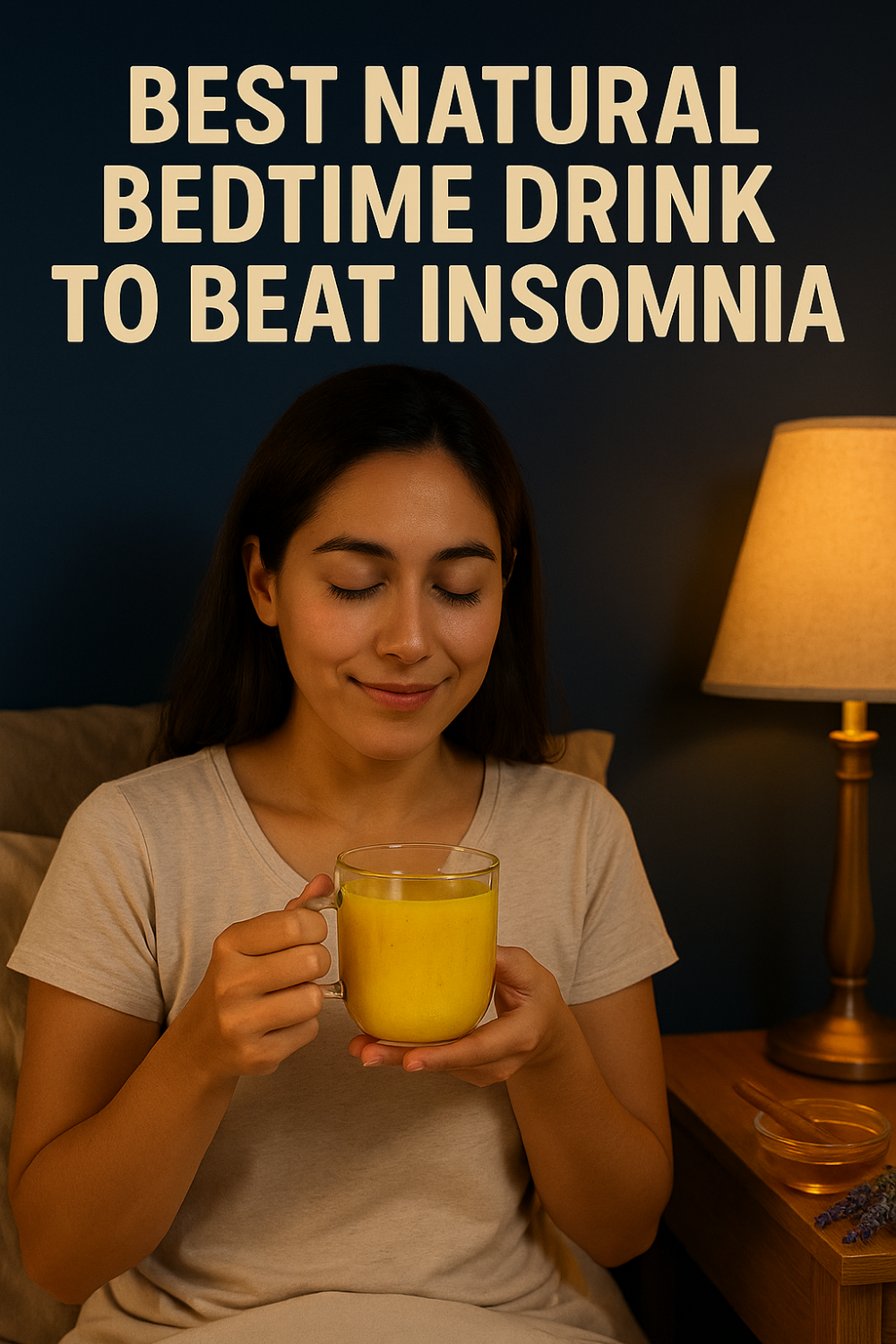 Woman sipping warm golden turmeric milk in a cozy nighttime bedroom, beside a glowing bedside lamp, honey dish and lavender sprigs—natural bedtime drink to beat insomnia