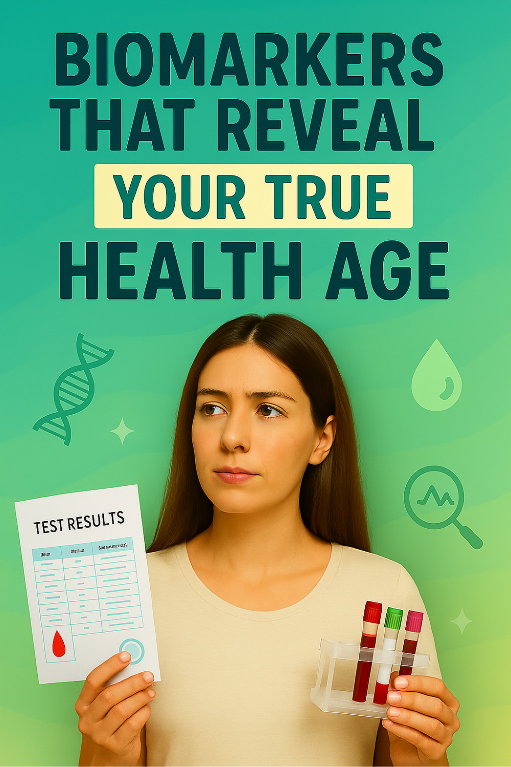 A thoughtful woman examines lab paperwork while gripping a rack of blood-sample vials; DNA, droplet, and magnifying-glass icons underscore how biomarkers can uncover your true health age.