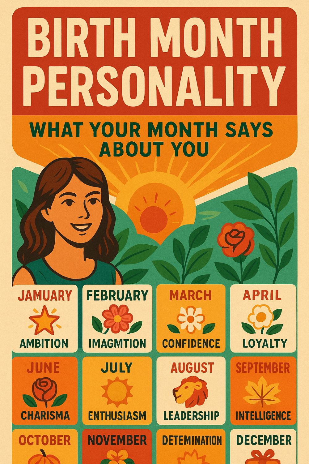 Smiling woman standing in front of a rising sun and lush foliage under the bold heading “Birth Month Personality: What Your Month Says About You;” below her is a colorful 4×3 grid where each month is paired with a simple icon and a one‐word trait