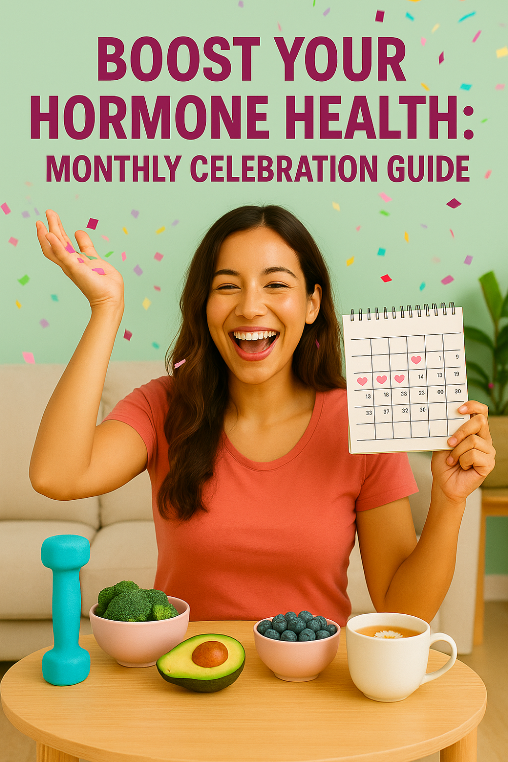 Happy woman celebrating with calendar, healthy foods, and dumbbell, promoting monthly hormone health celebrations.