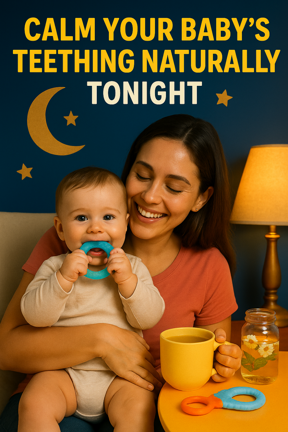 Nighttime teething relief scene: baby biting blue teether in mom’s arms, with chamomile tea, extra teething ring and lamp on bedside table