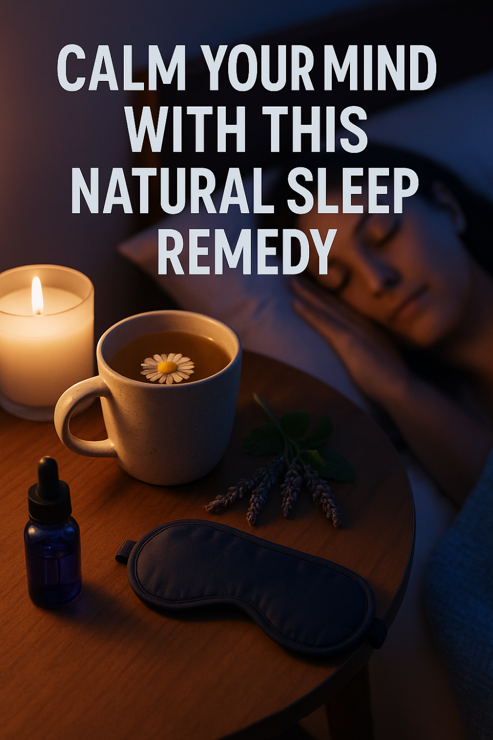 Nighttime relaxation scene: candlelit bedside table with chamomile tea topped by a daisy, lavender sprigs, essential oil dropper and navy sleep mask, woman sleeping peacefully nearby.