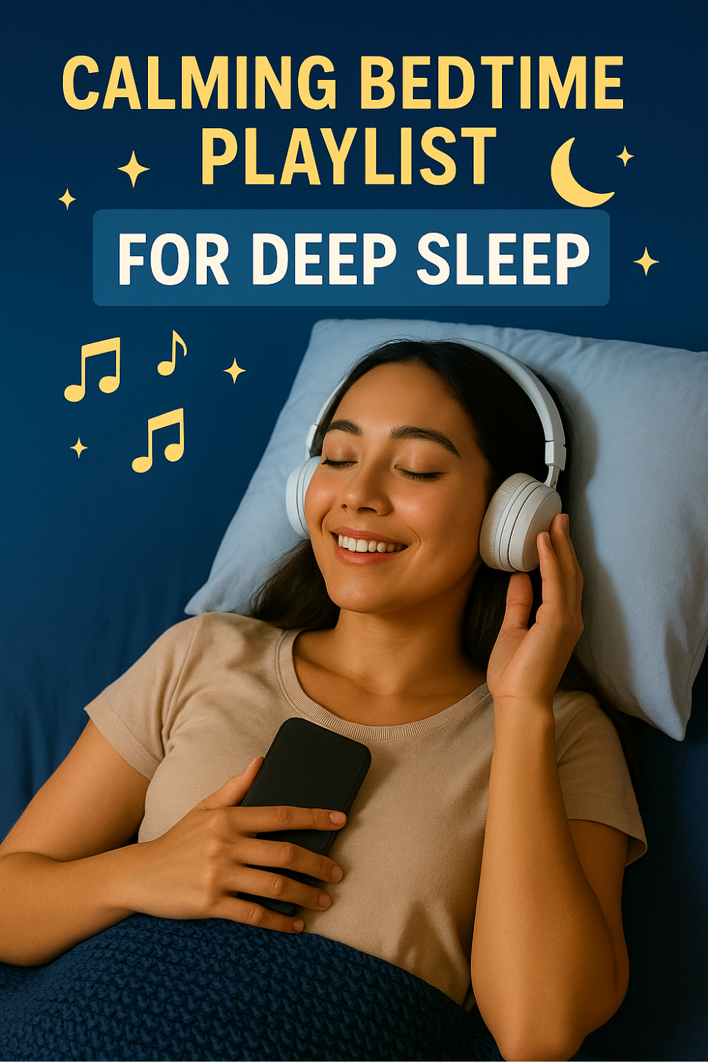 Resting on indigo sheets, a young woman listens to a calming bedtime playlist through white headphones, phone nestled against her chest, as moon, stars, and music-note icons set a soothing night scene for deep sleep.