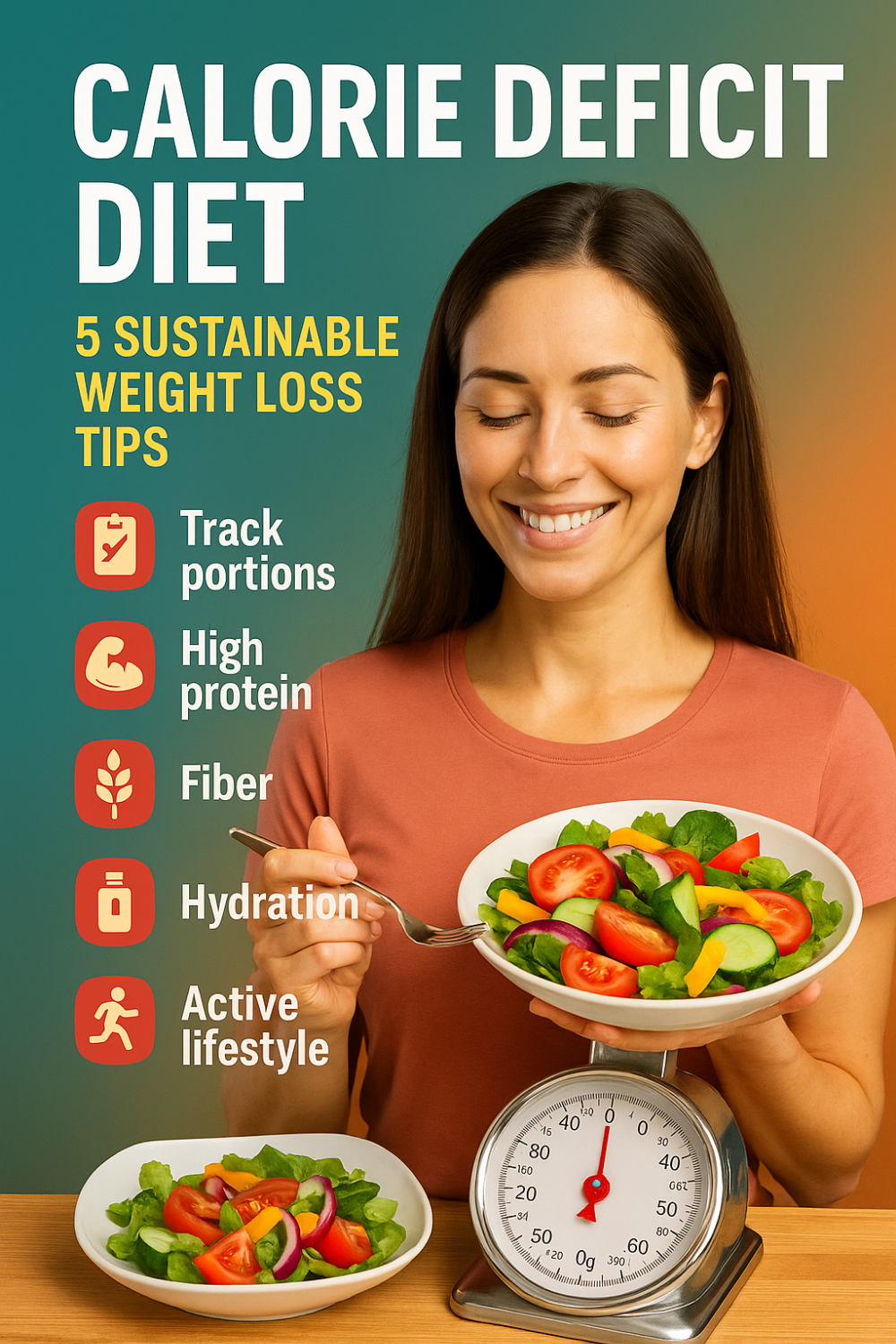 Woman smiling while holding a bowl of salad on a kitchen scale, with icons for tracking portions, high protein, fiber, hydration, and an active lifestyle alongside.