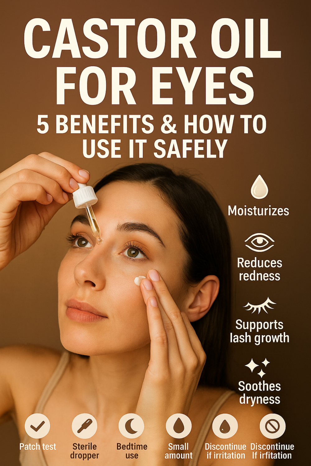 Woman tilting a dropper to apply castor oil under her eye while gently touching her cheek; icons to the right show moisturizing, redness reduction, lash support, and soothing dryness, with usage icons below for patch testing, sterile dropper, bedtime use, small amount, and discontinuing if irritation occurs.
