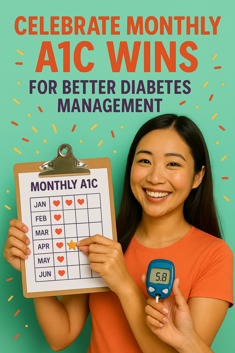  Smiling woman holding a monthly A1C tracking chart and a glucose monitor showing a healthy blood sugar level.