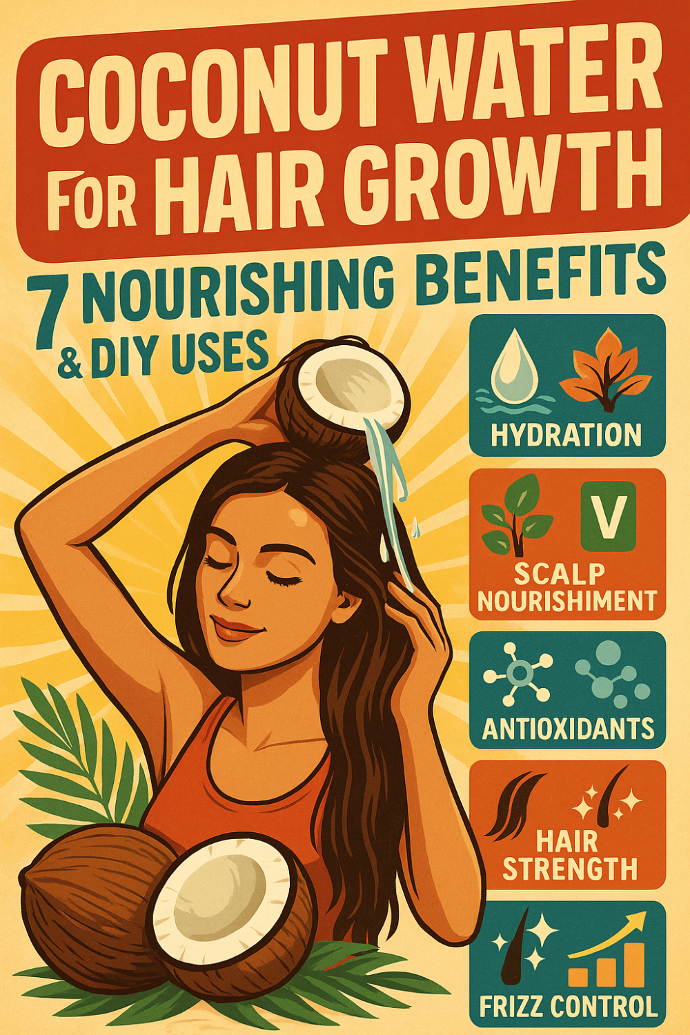 Smiling woman tilting a halved coconut overhead to pour coconut water onto her long hair against a warm sunburst backdrop; beside her, seven vibrant icons and labels highlight DIY nourishing benefits—hydration, scalp nourishment, antioxidants, hair strength, frizz control, plus enhanced shine and growth—while whole and halved coconuts rest at the bottom, showcasing coconut water’s naturally rejuvenating effects.
