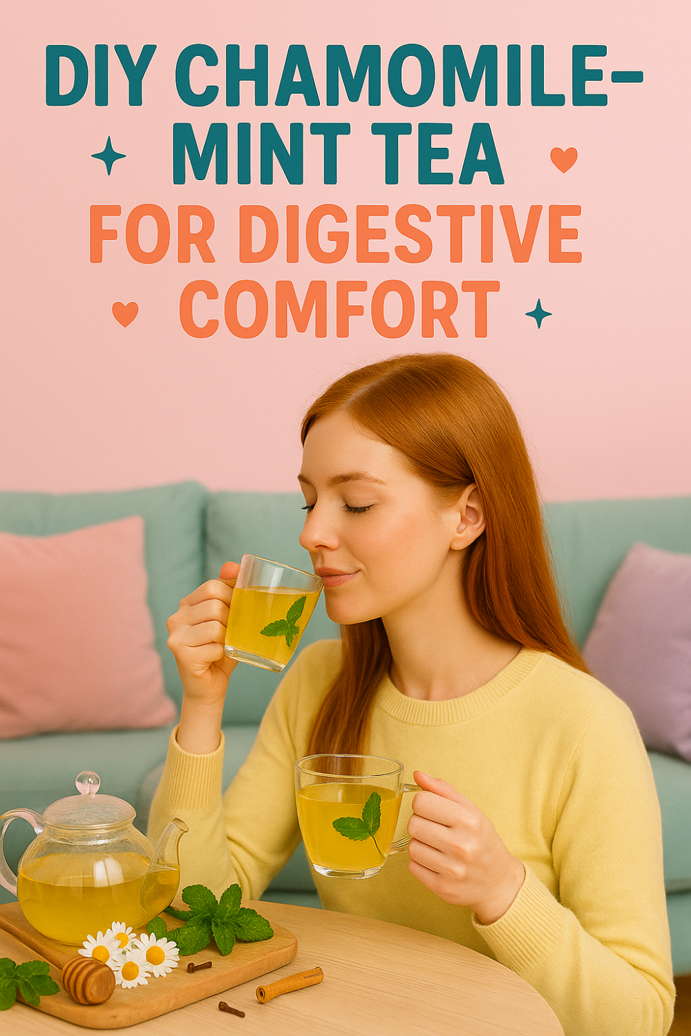 DIY Chamomile-Mint Tea for Digestive Comfort — woman enjoying warm herbal tea at home with fresh chamomile and mint on the table.
