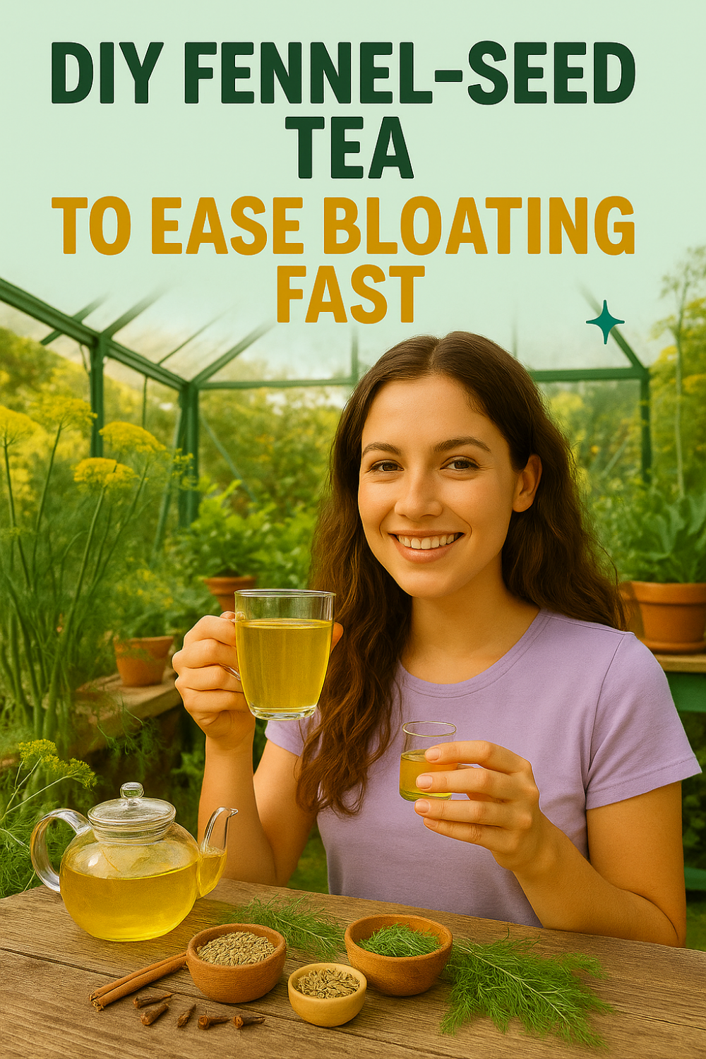 DIY Fennel-Seed Tea to Ease Bloating Fast – woman enjoying a cup of fennel-seed tea in a greenhouse, surrounded by fresh fennel plants and herbs, holding a small cup and teapot, in a bright natural setting.