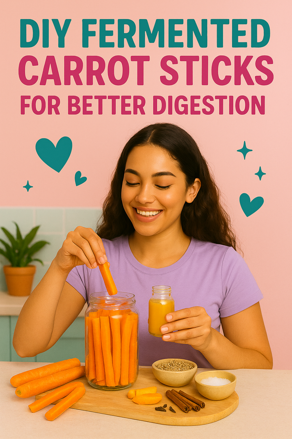 DIY Fermented Carrot Sticks for Better Digestion – woman preparing homemade fermented carrot sticks with spices and ingredients on a kitchen counter, smiling while dipping a carrot stick in a jar of liquid.