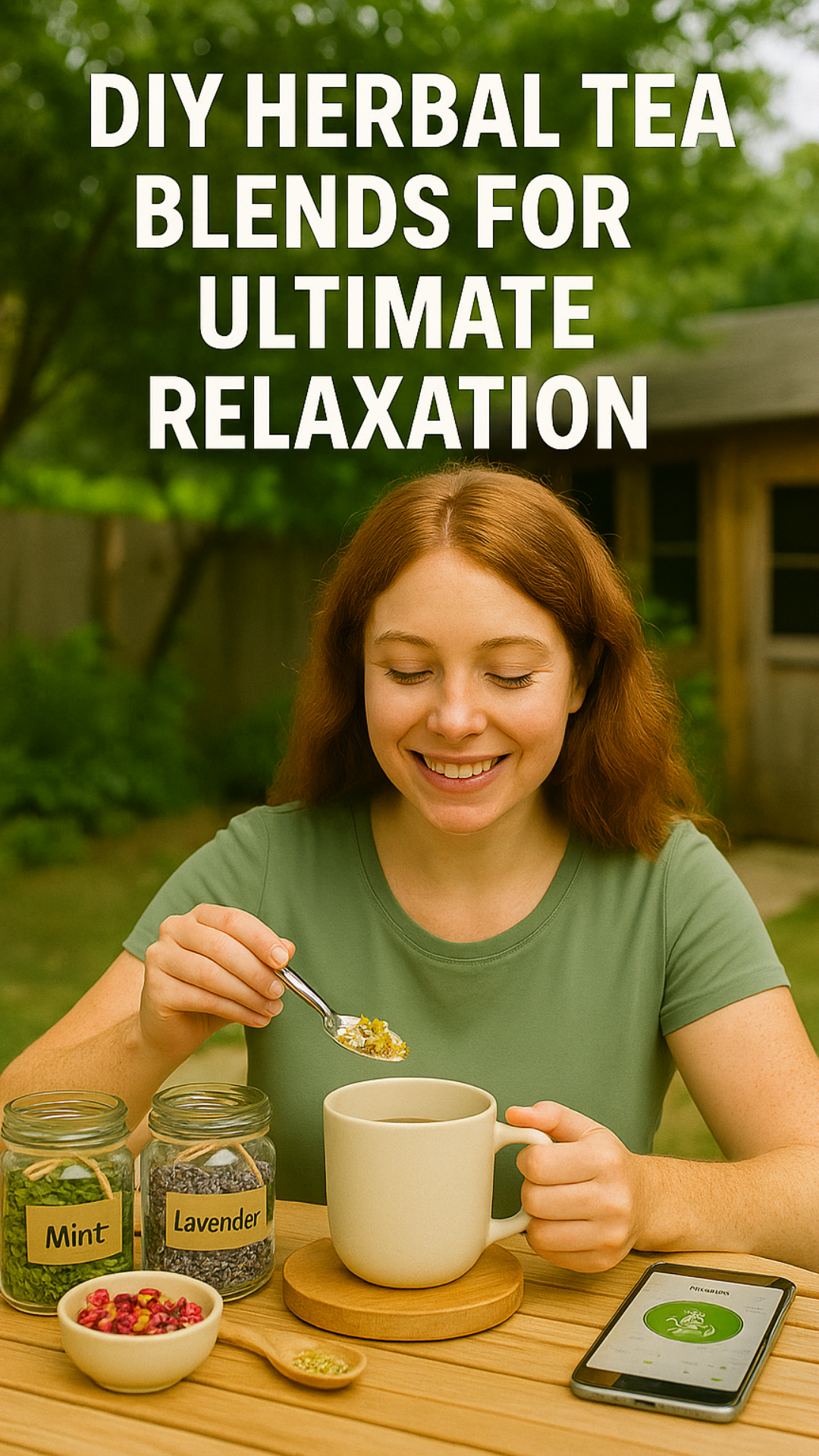 Woman preparing herbal tea blend outdoors for relaxation.