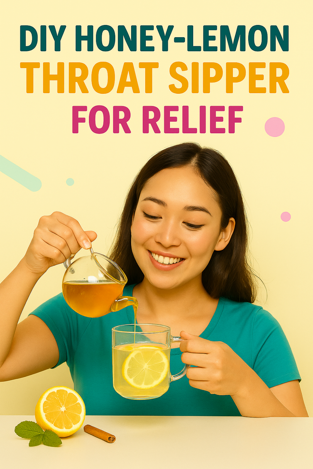 DIY Honey-Lemon Throat Sipper for Relief – woman pours honey into lemon-water mug with lemon slice & cinnamon for soothing drink
