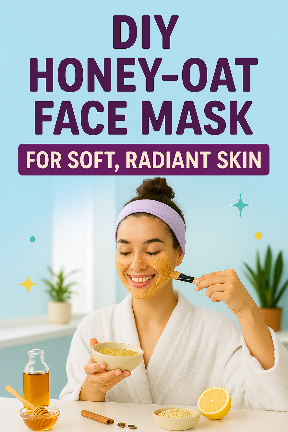 DIY Honey-Oat Face Mask for Soft, Radiant Skin – smiling woman in a white robe and purple headband uses a brush to apply a golden honey-oat mixture from a bowl, with jars of honey, oats, lemon half, and cinnamon stick arranged on a bright table.