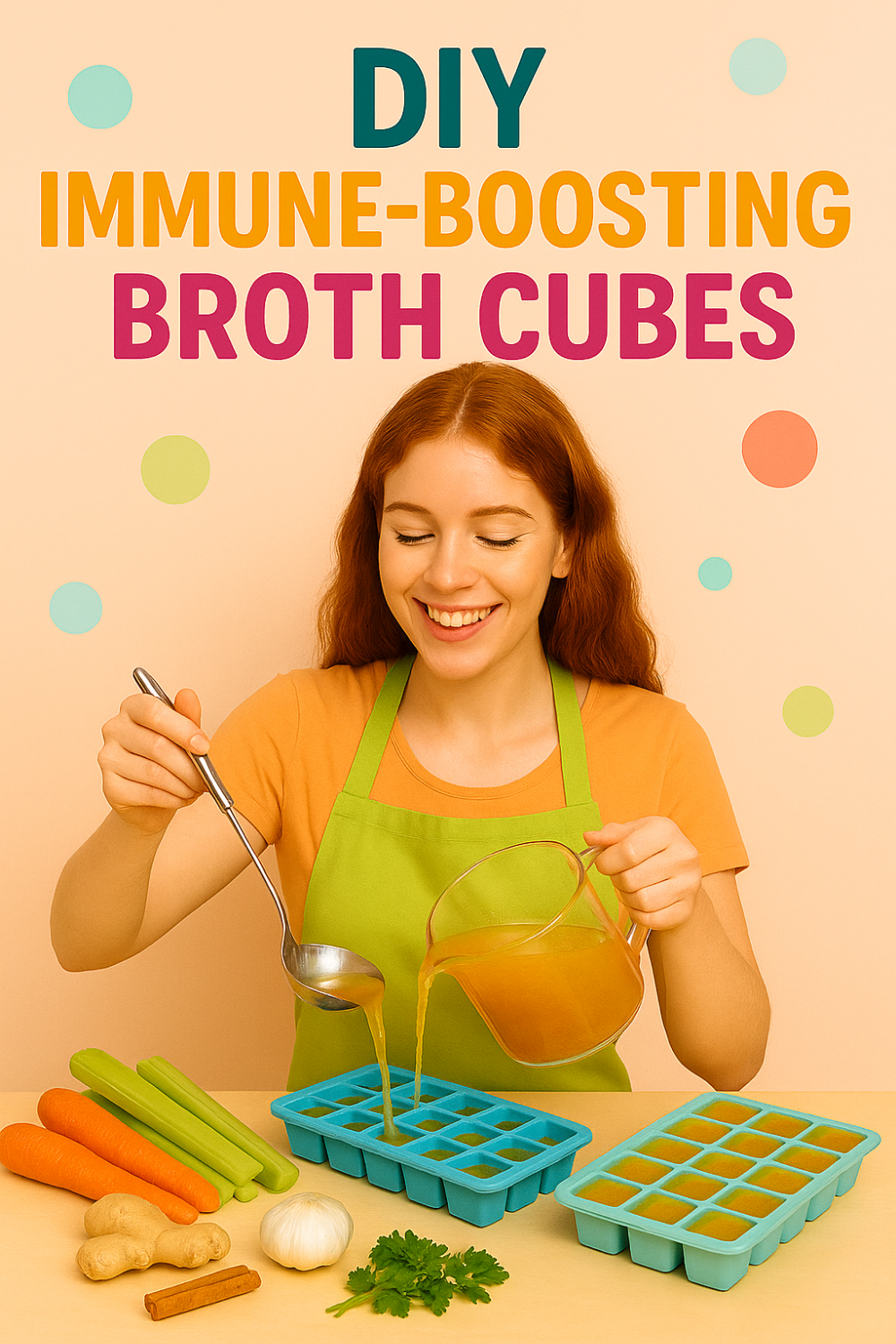 DIY Immune-Boosting Broth Cubes – woman ladles golden veggie broth into ice trays, surrounded by carrots, celery, ginger, garlic, and herbs
