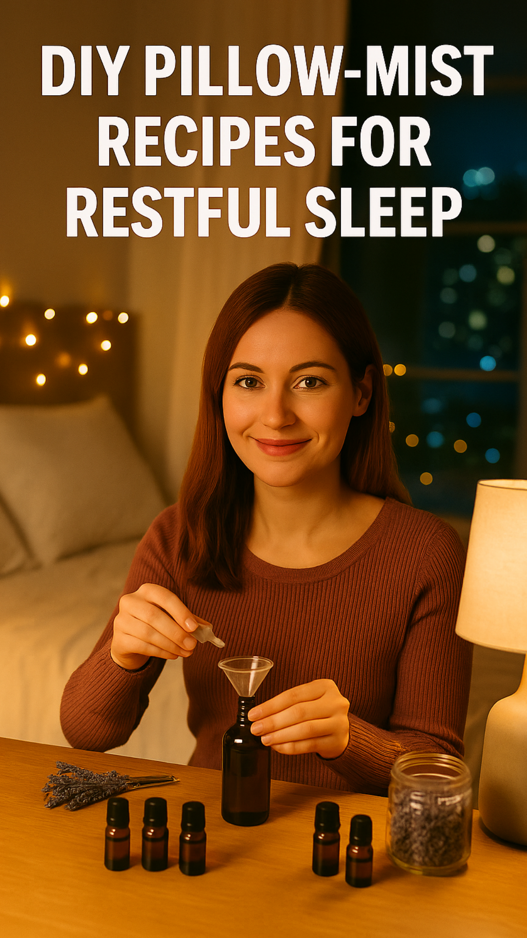 A woman creating DIY pillow mist in a cozy, warmly lit bedroom, using essential oils, a funnel, and amber glass bottles, with lavender nearby for restful sleep.