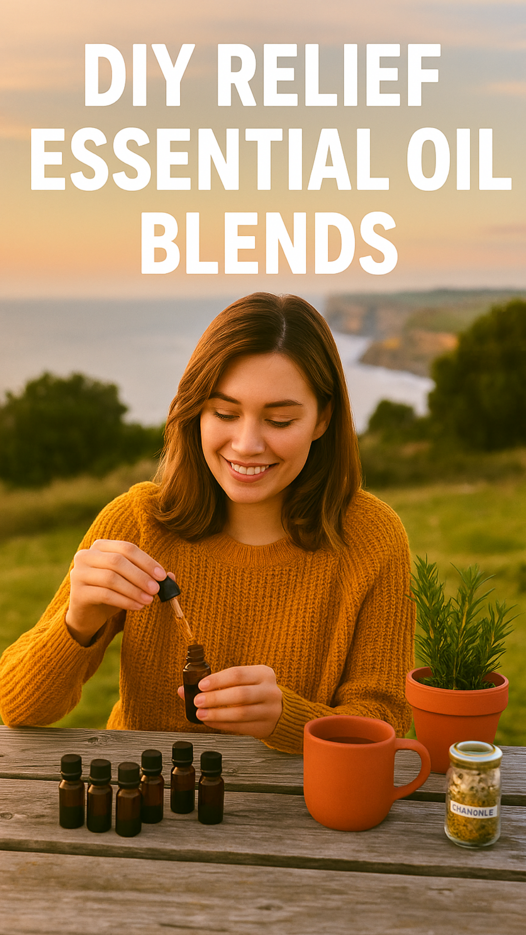 A woman creating essential oil blends outdoors, using small amber bottles, with herbal plants and a mug on a wooden table, in a scenic coastal setting.