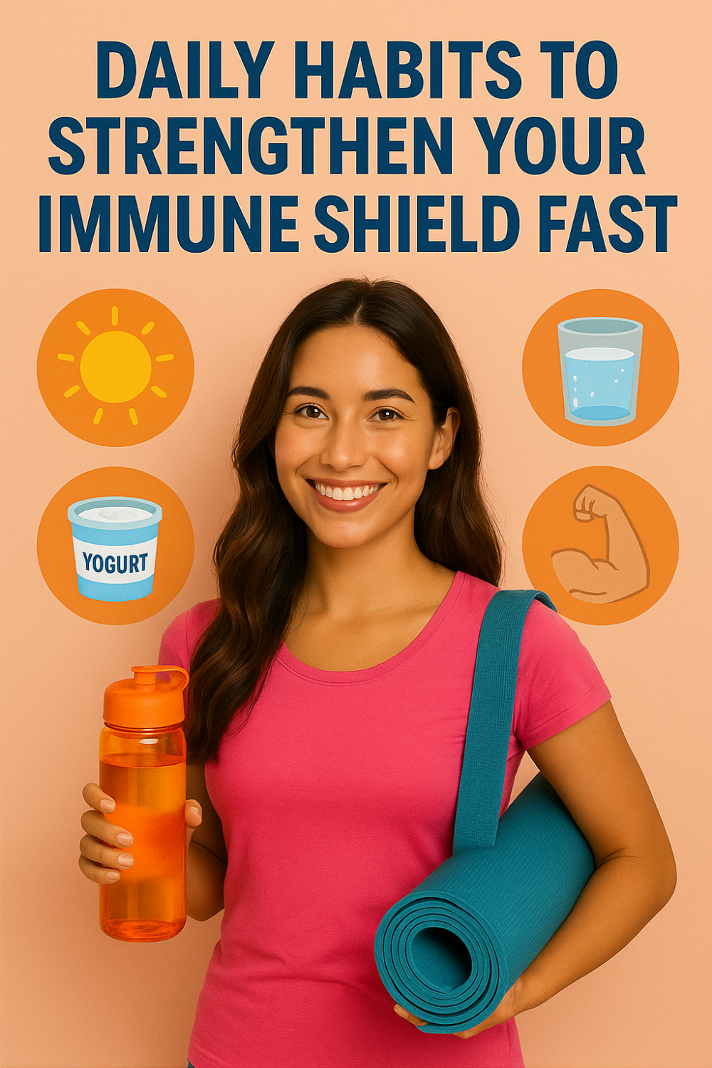 Smiling woman holding an orange water bottle and rolled yoga mat, surrounded by icons of sun, yogurt cup, glass of water and strong arm—daily habits that boost immune strength quickly