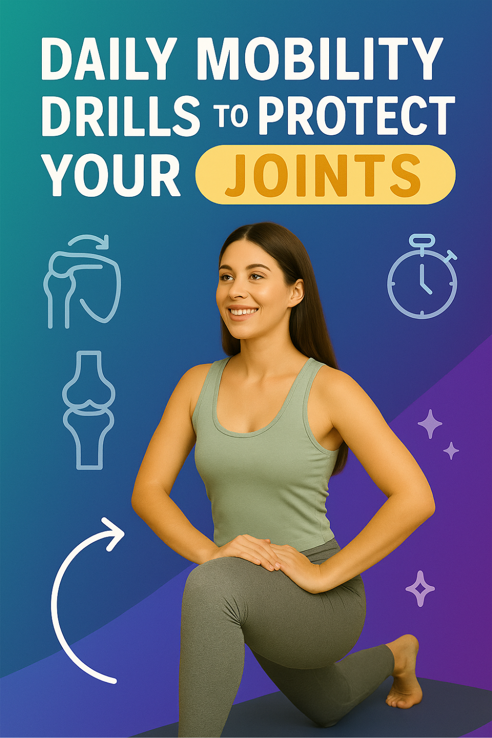 Smiling woman in a green workout tank lunge-stretches on a blue-to-purple backdrop, demonstrating daily mobility drills that keep joints healthy; shoulder and knee diagrams, a looping arrow, and a stopwatch icon emphasize quick, joint-protective movement habits.