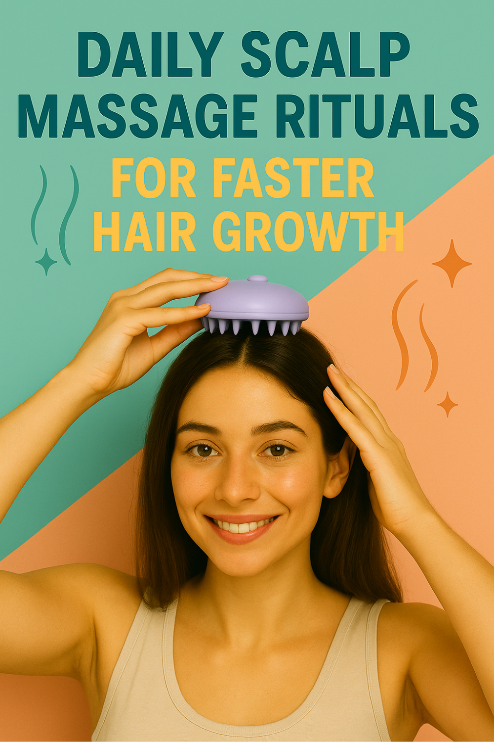 Smiling woman holds a silicone scalp brush at her hairline, demonstrating a daily massage routine to encourage faster hair growth.