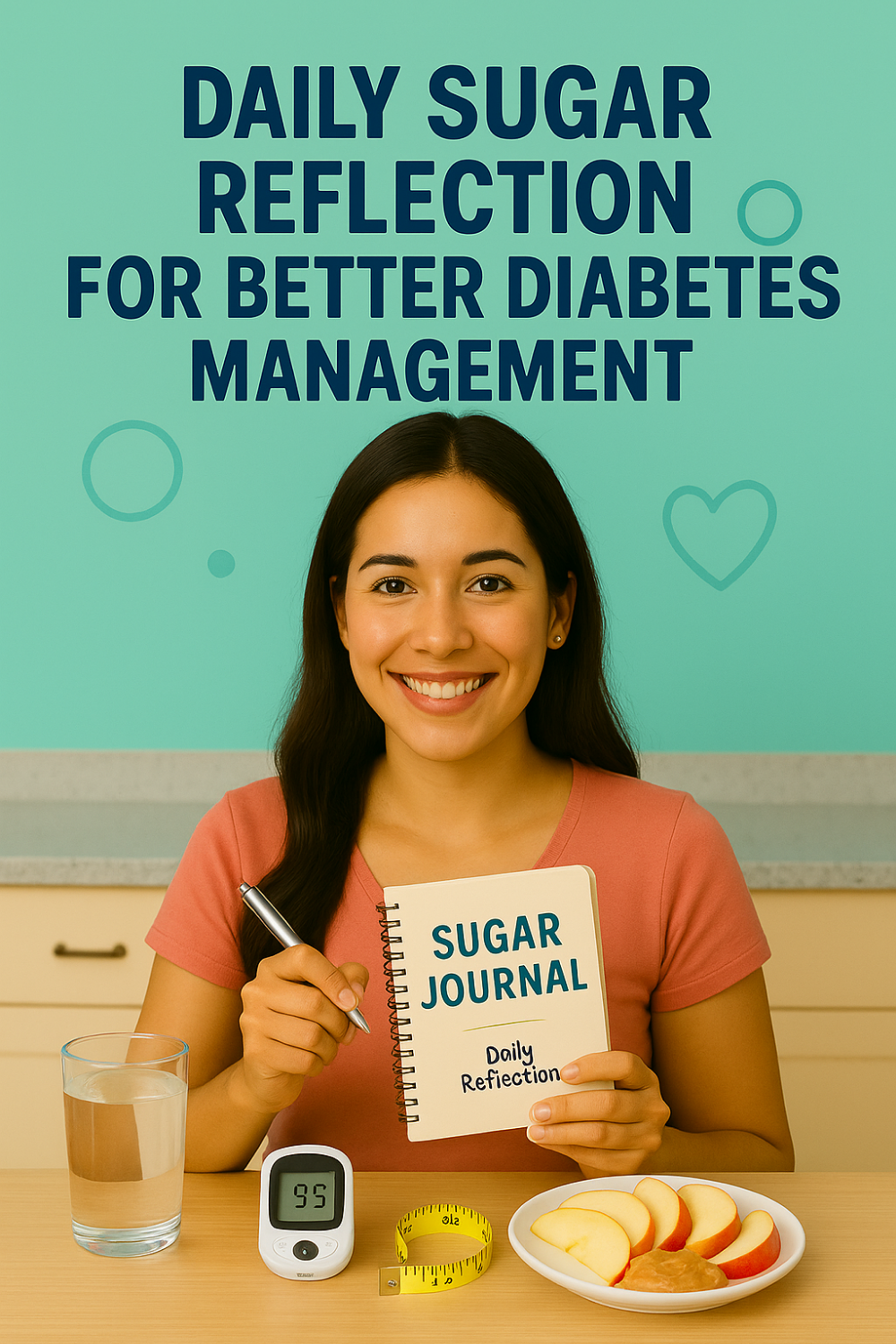 Smiling woman holding a sugar journal, pen, glucose monitor, and sliced apples for diabetes management.