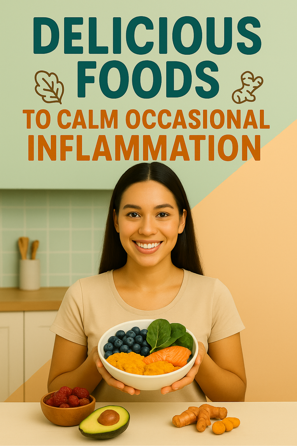 Smiling woman holds a bowl of blueberries, spinach, salmon and sweet potato mash, with raspberries, avocado, ginger and turmeric on the counter, showcasing tasty inflammation-calming foods.