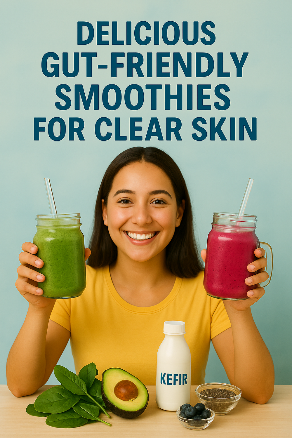 Woman holding green and berry smoothies in mason jars, with spinach, avocado, kefir, blueberries and chia seeds on table—gut-friendly drinks for clear skin