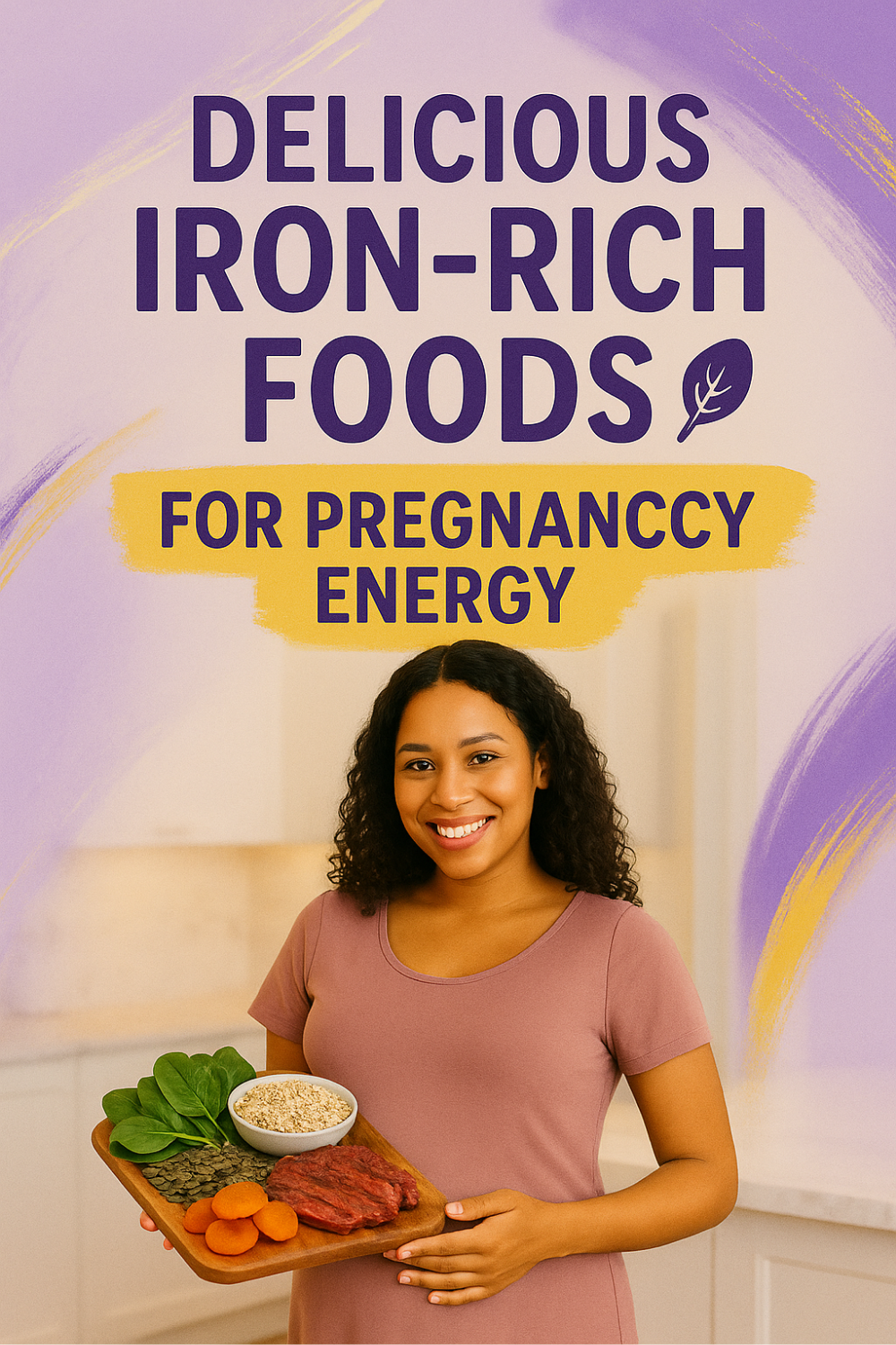 Smiling pregnant woman holds a wooden board topped with spinach, oats, pumpkin seeds, dried apricots and lean beef—tasty iron-packed picks to boost energy during pregnancy.