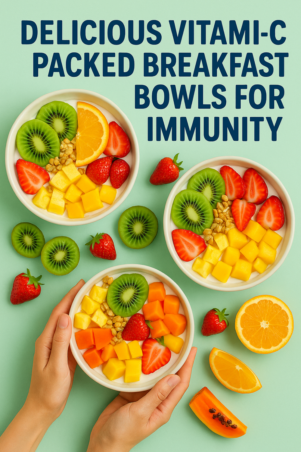 Yogurt breakfast bowls topped with kiwi, strawberries, mango, orange, papaya and granola on a mint-green surface, hands holding one bowl with extra fruit pieces scattered around—vitamin-C packed for immune support