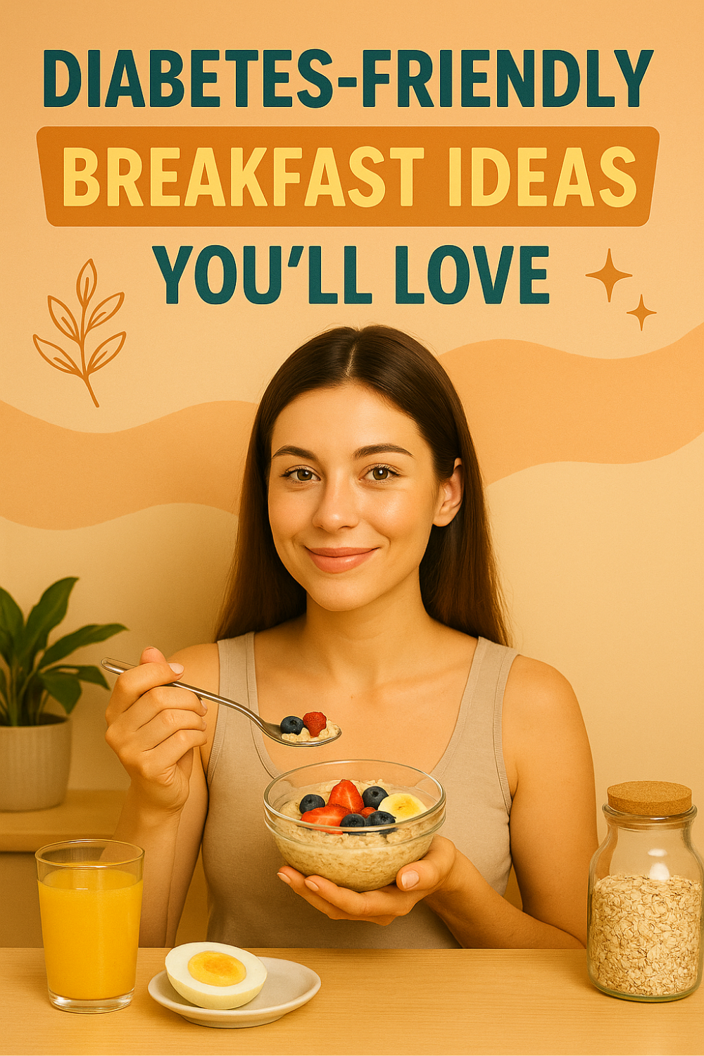 Smiling woman enjoys a nutrient-packed breakfast: she lifts a spoon of oatmeal studded with berries and banana from a clear bowl, while a glass of orange juice, half a hard-boiled egg, and a jar of rolled oats rest on the table—an inviting spread of diabetes-friendly breakfast ideas you’ll actually love.