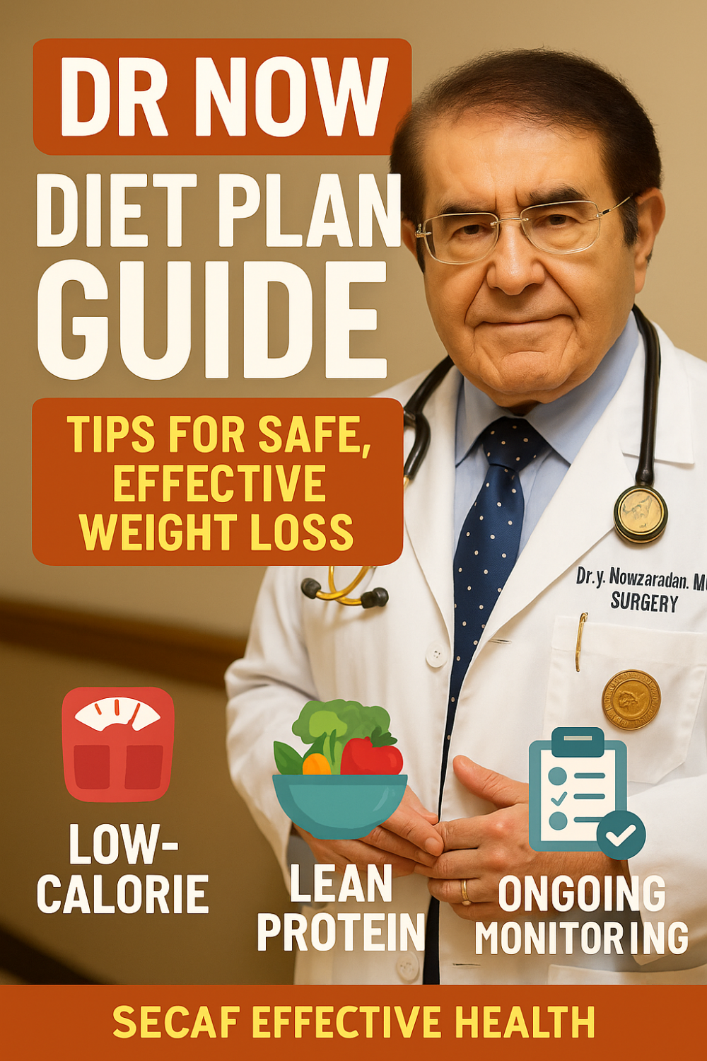 Doctor in white coat with stethoscope; icons below show a scale for low calories, a bowl of vegetables for lean protein, and a clipboard for ongoing monitoring.