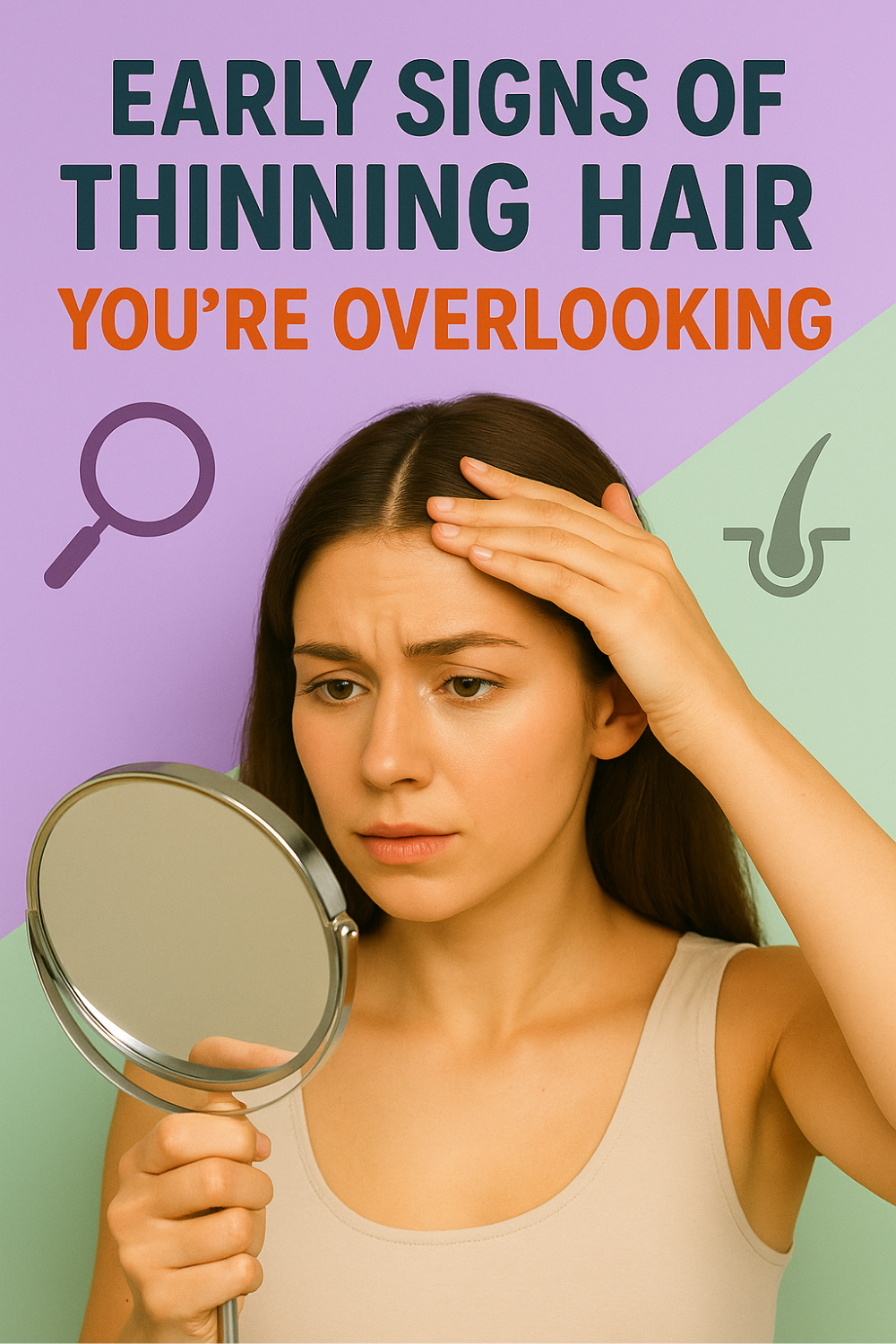 A concerned woman peers into a handheld mirror and touches her scalp, checking for subtle early hair loss signs she may have been overlooking.