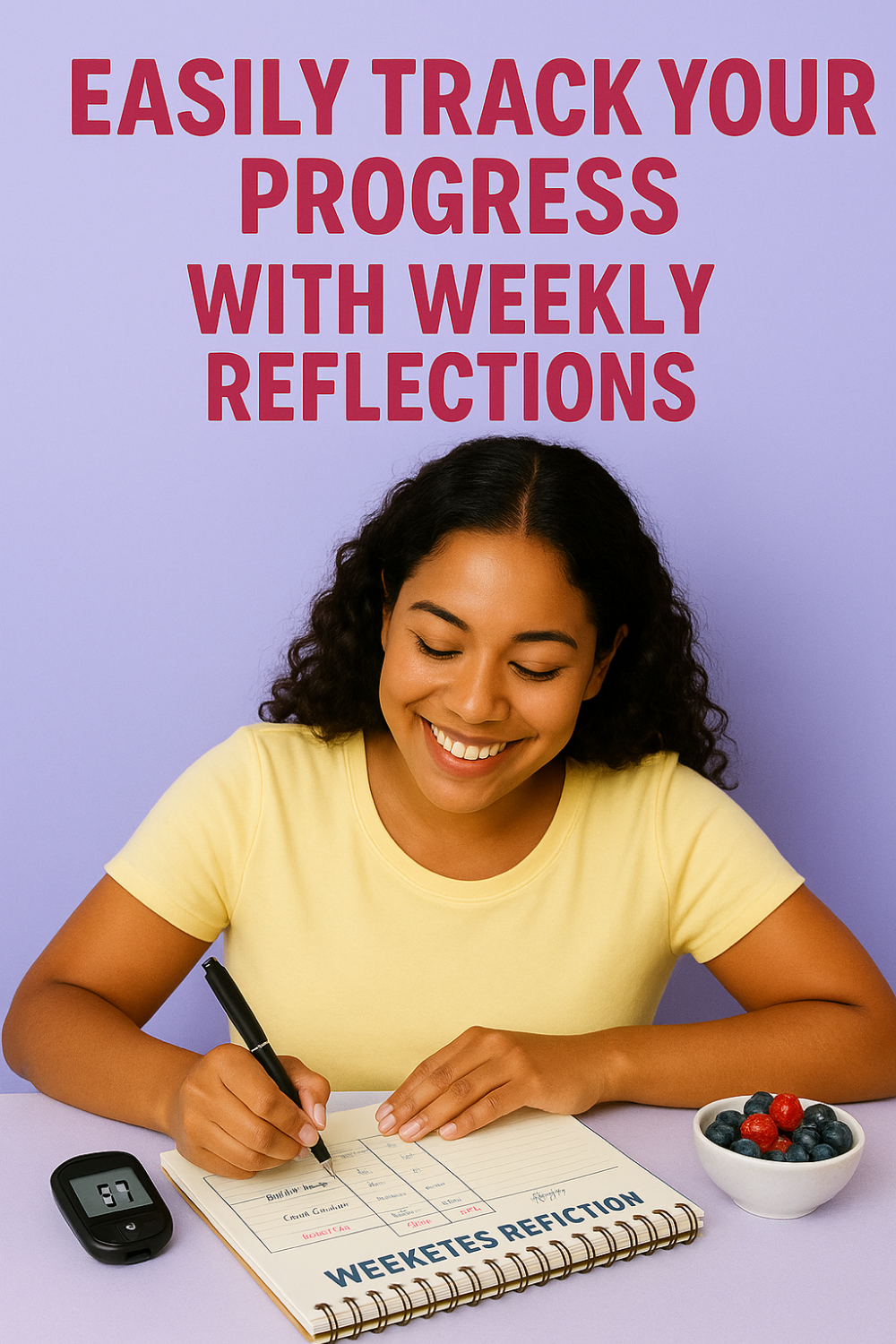 Smiling woman writing in a weekly reflection notebook next to berries and a glucose meter.