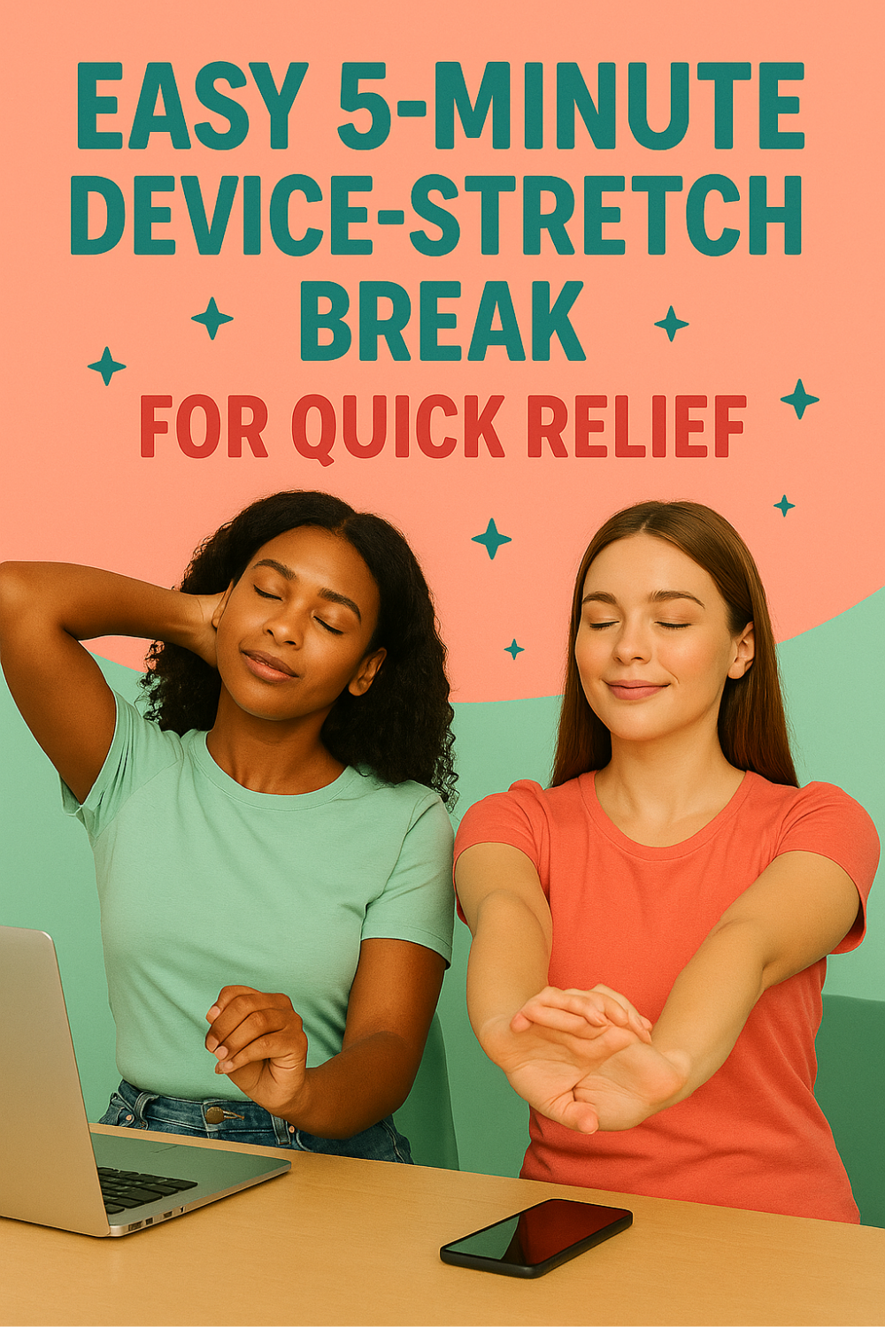 Two friends pause tech time, eyes closed, doing neck and wrist stretches at a desk—demonstrating a speedy five-minute break that releases device-induced tension.