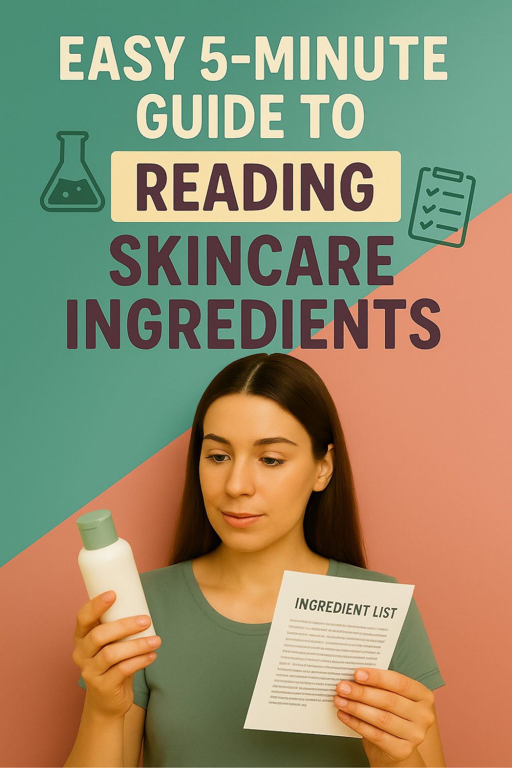 Woman examines a skincare bottle and ingredient sheet, illustrating a quick five-minute guide to decoding product labels and knowing what’s really in your beauty routine.