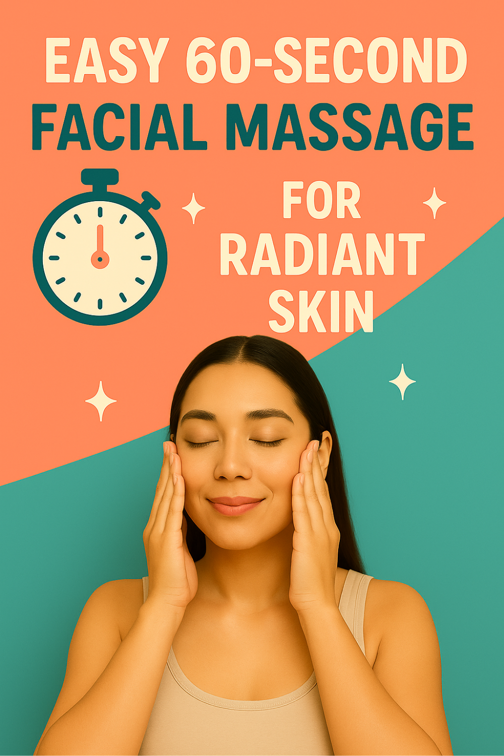 Eyes-closed woman presses fingertips to cheeks beneath a stopwatch graphic, demonstrating a one-minute facial massage technique for a healthy, luminous complexion.