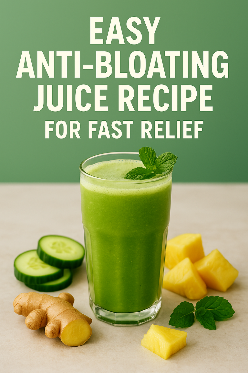 Green anti-bloating juice in a glass with mint garnish, surrounded by cucumber slices, ginger root, and pineapple pieces on a light countertop