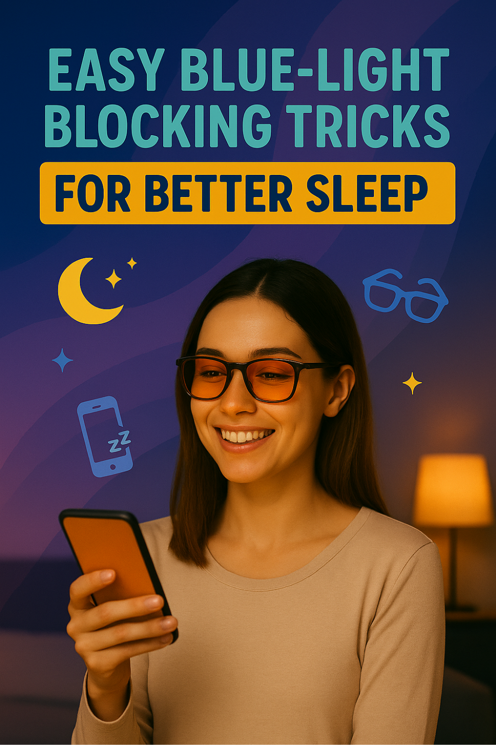 Smiling young woman in amber-tinted blue-light glasses scrolls her phone in a softly lit bedroom; surrounding icons of a crescent moon, eyeglasses, and a snoozing phone highlight easy tricks to reduce blue-light exposure for better sleep.
