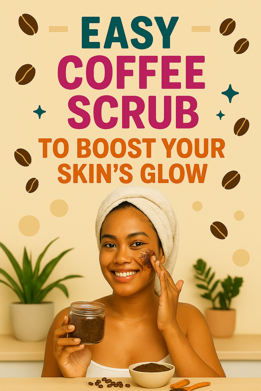 Easy Coffee Scrub to Boost Your Skin’s Glow – smiling woman with a towel wrapped around her hair holds a jar of coffee scrub and gently applies grounds to her cheek, with a bowl of coffee grounds and coffee bean decorations around bold title text.